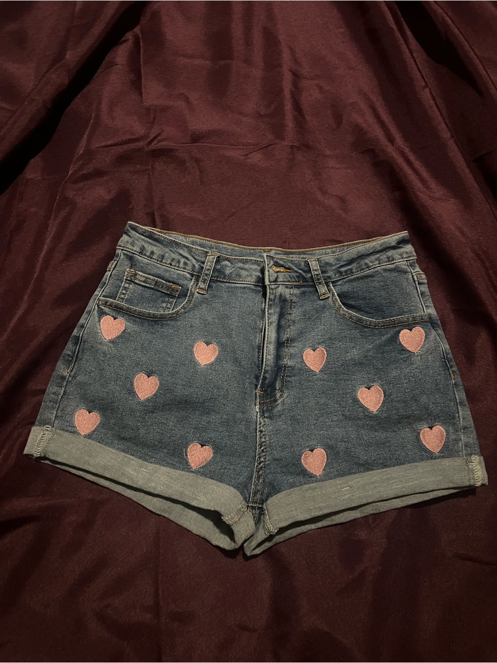 High-Waist Denim Shorts with Pink Heart Accents